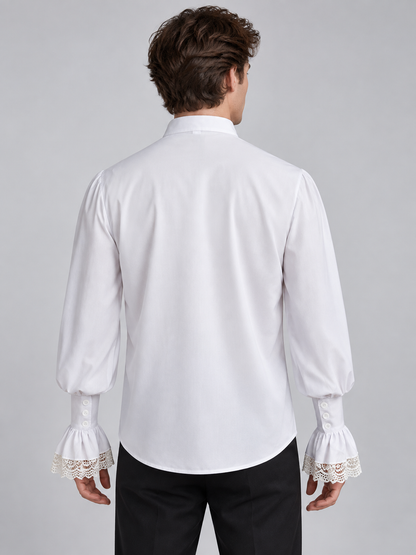 White shirt with ruffles, lace, and a stand collar