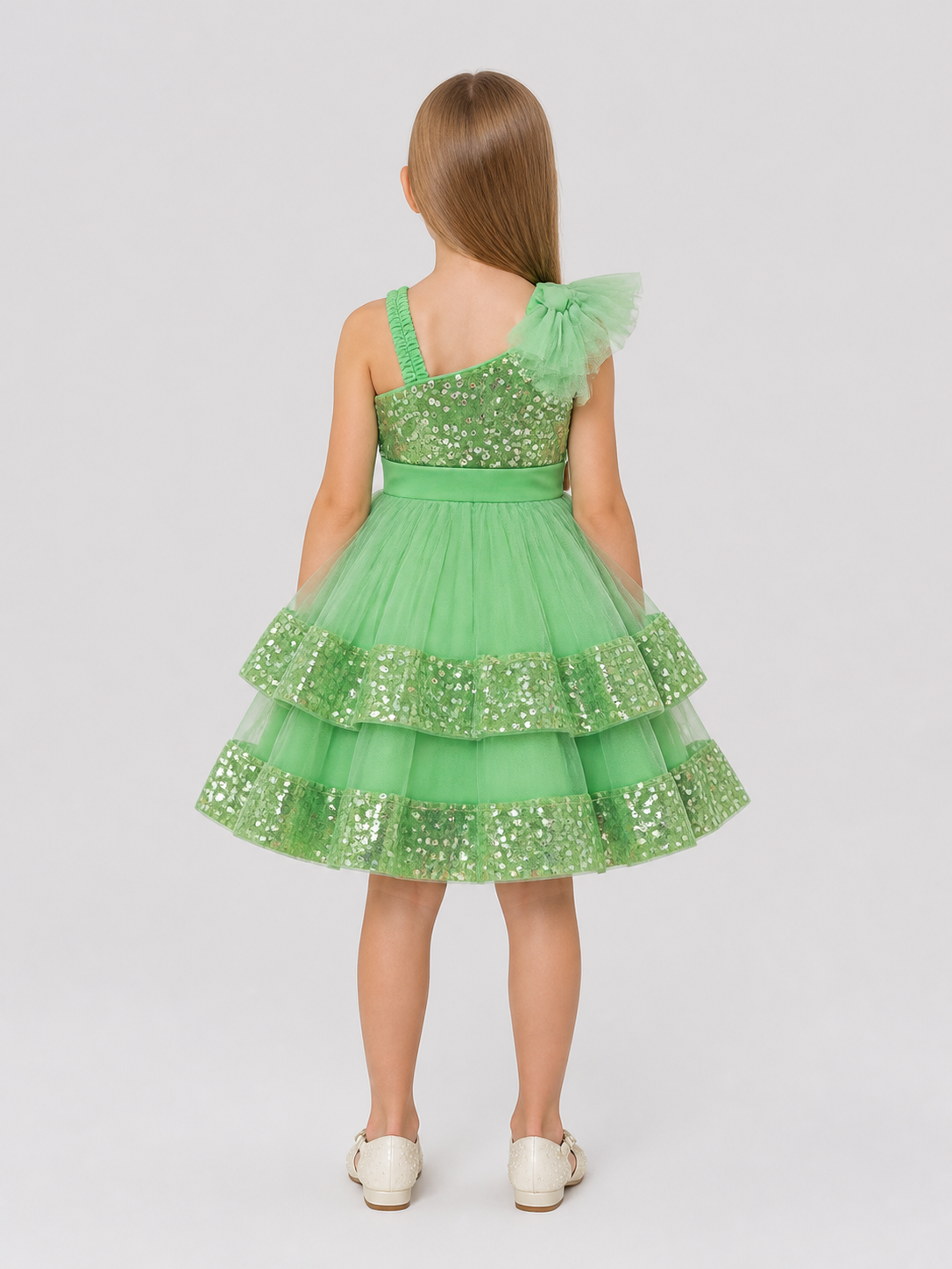Girls’ Green Sequin Princess Dress with Bows