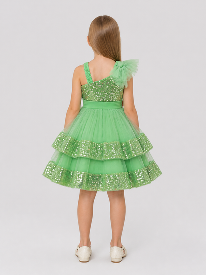 Girls’ Green Sequin Princess Dress with Bows