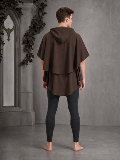 Women's Hooded Wanderer Cloak Costume with Layered Hem, Shoulder Draped Pleats
