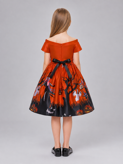 Orange children's dress with a Halloween print back view