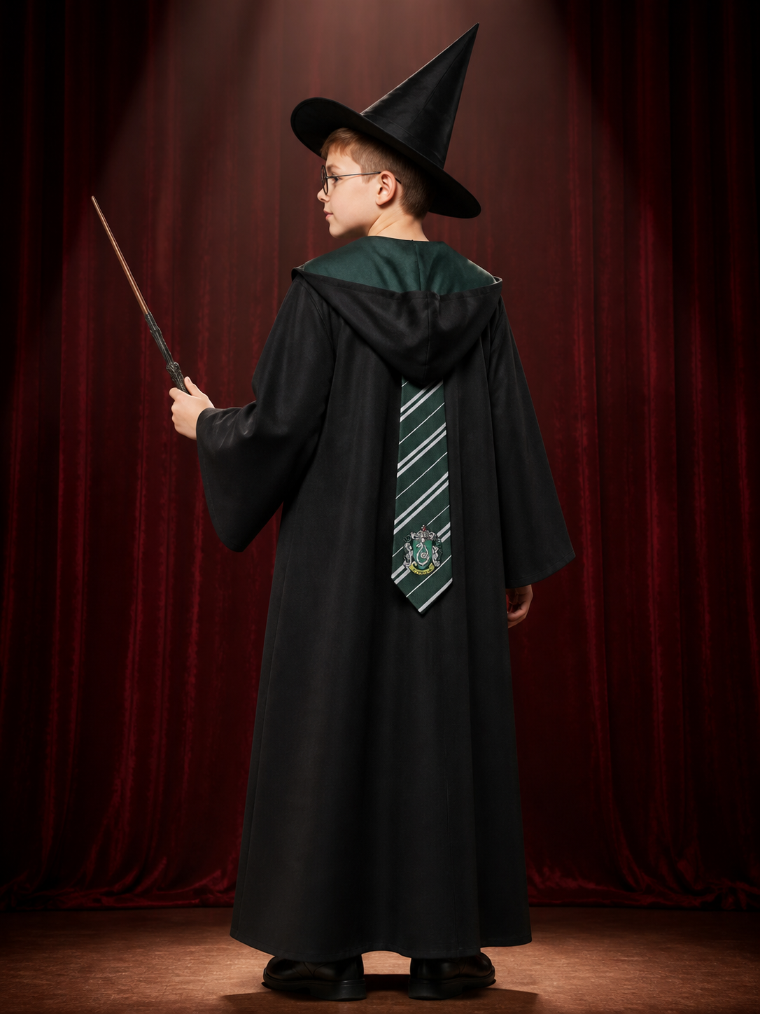 Wizard Costume Set With Hooded Robe, Pointed Hat, Wand, Tie and Round Glasses back view