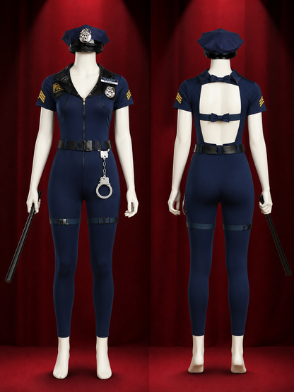 Women's Navy Blue Police Costume Bodysuit Set with Hat, Handcuffs, Belt, Baton back view