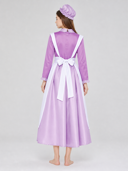 Purple dress costume with apron and bonnet