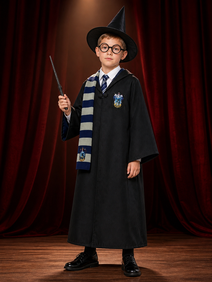 Black Wizard Robe Costume Set with Hat, Glasses, Wand, Scarf, Shirt and Tie back view