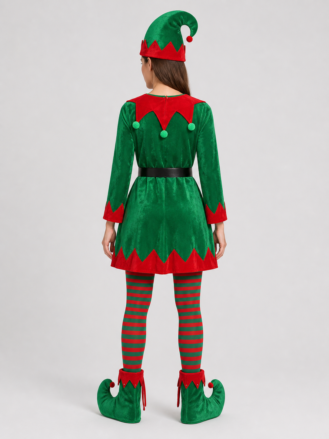Christmas Elf Costume, Green Dress, Hat, and Belt back view