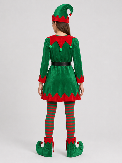 Christmas Elf Costume, Green Dress, Hat, and Belt back view