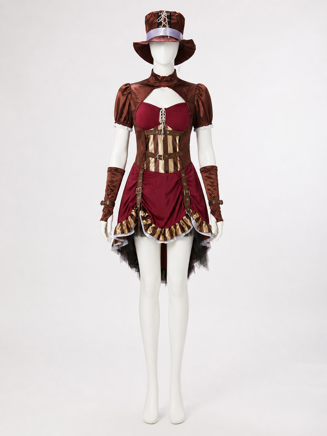 Pirate Costume Set With Dress, Hat And Sleeves, Burgundy And Brown back view