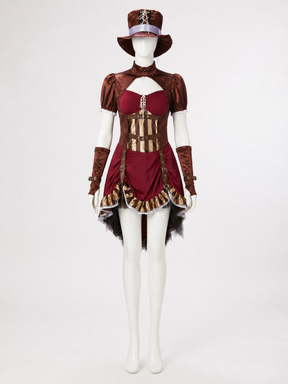 Pirate Costume Set With Dress, Hat And Sleeves, Burgundy And Brown back view