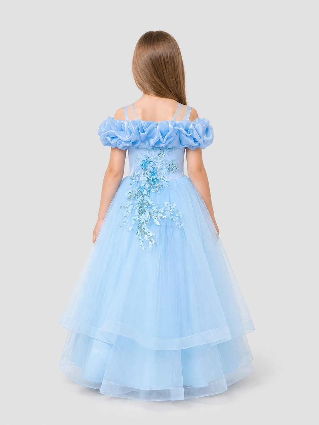 Full-Skirted Blue Dress with Sequins and Embroidery