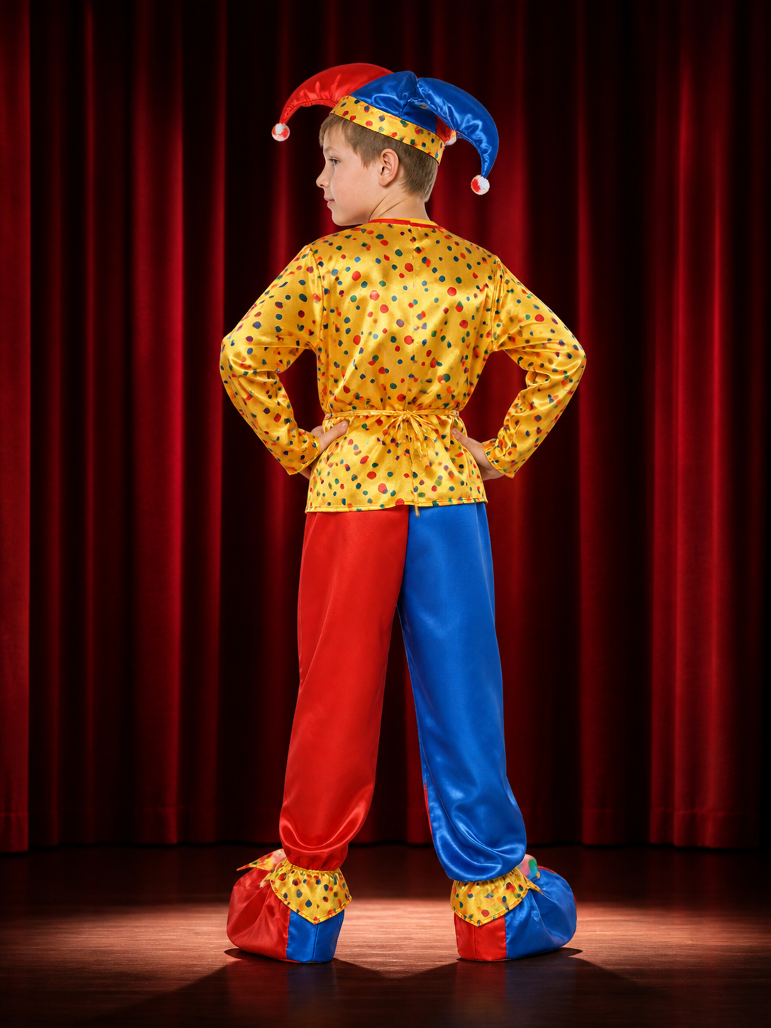Boys' Clown Circus Costume Set With Polka Dots, Colorblock Pants And Hat back view