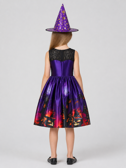 Kids' Witch Costume Dress with Hat, Purple, Halloween back view
