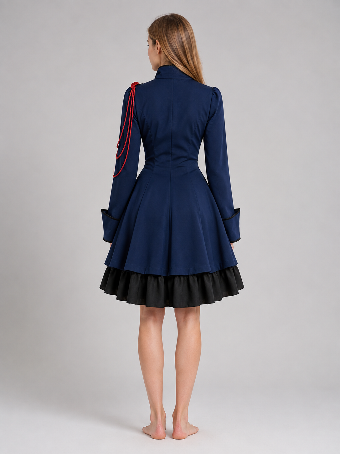 Gothic Retro Dress with Bow and Stand-Up Collar back view