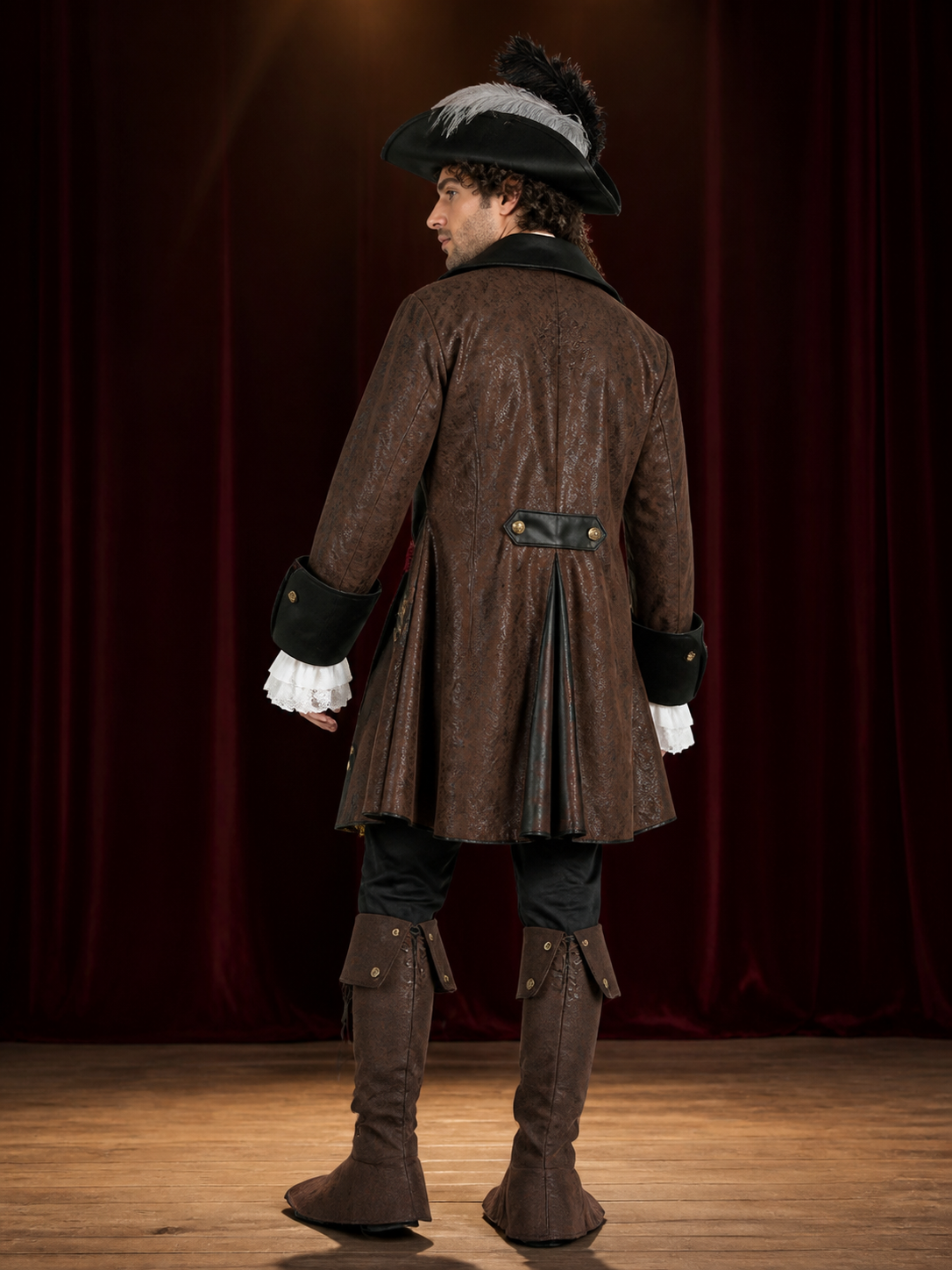 Adult Pirate Costume Set with Tricorn Hat, Long Coat, Belt and Boot Covers back view