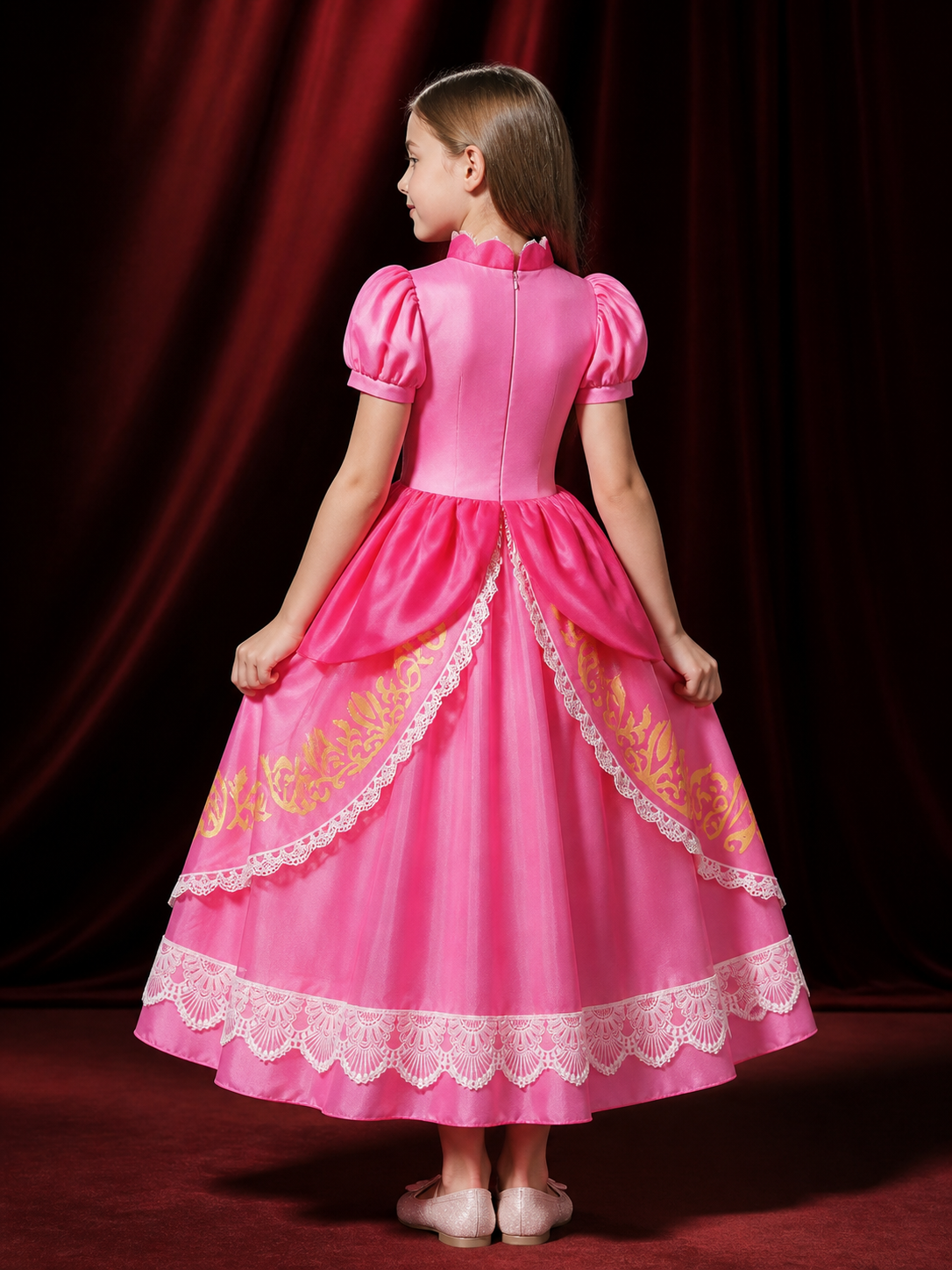 Girls Princess Dress Halloween Costume, Lace-Trimmed Puff Sleeve Gown back view