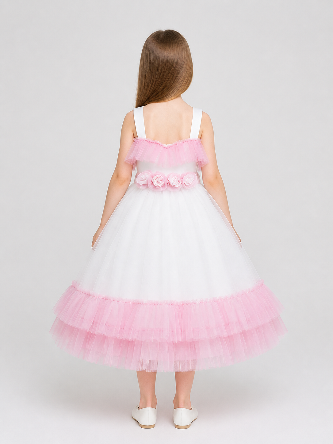 Girls' Dressy Tutu Dress with Ruffles, White and Pink