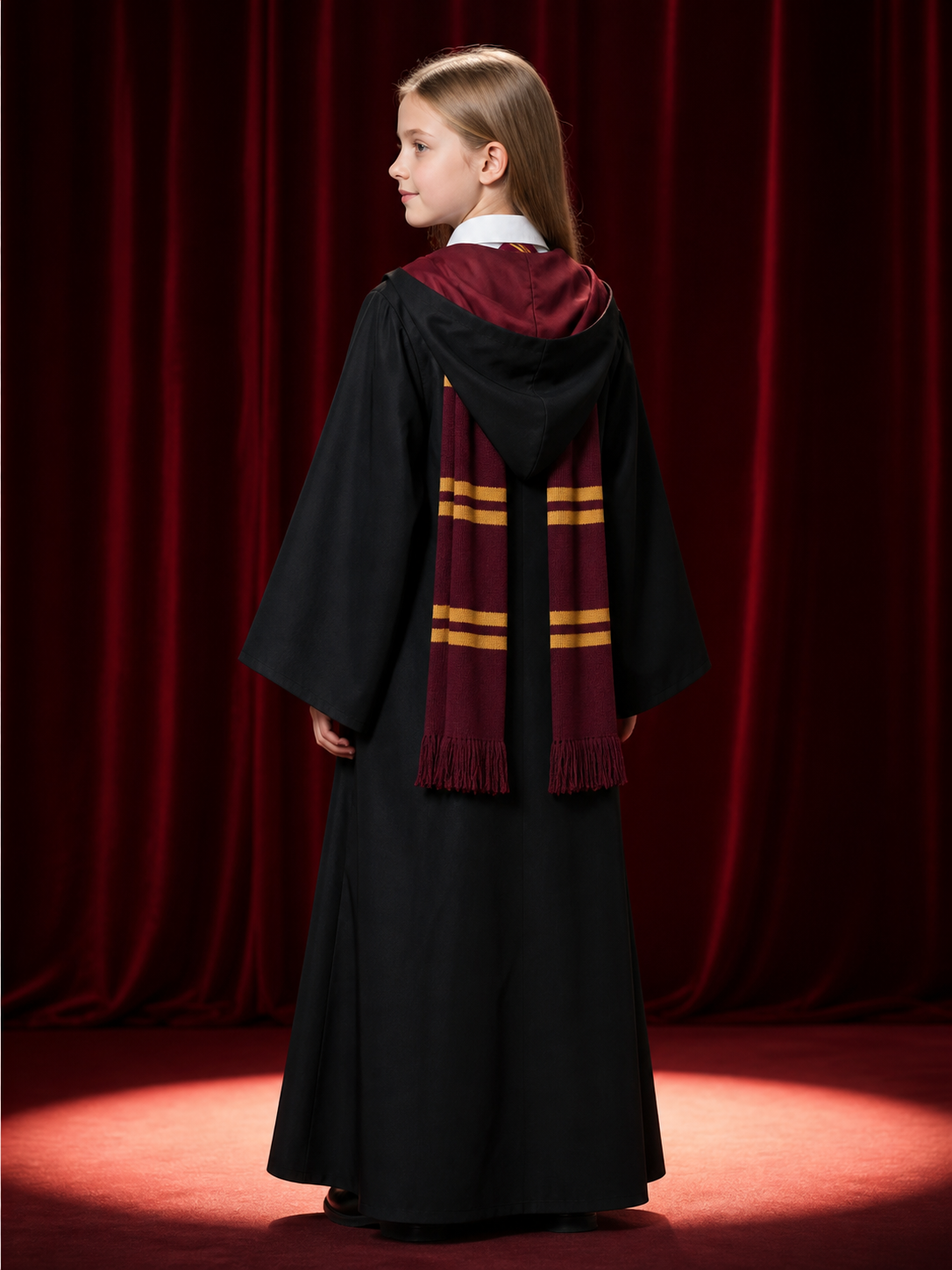 Wizard Robe Costume Set with Striped Scarf, Tie and Chest Badge back view