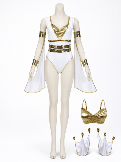 Athena Greek Goddess Halloween Costume Bodysuit Set With Gold Sequins And Deep back view