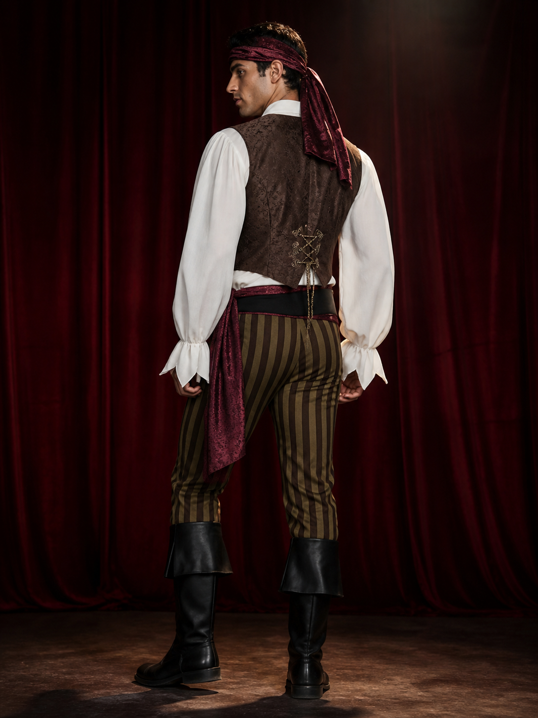 Adult Pirate Costume Set with Vest, Shirt, Striped Pants, Headscarf and Belt back view