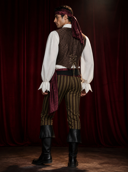 Adult Pirate Costume Set with Vest, Shirt, Striped Pants, Headscarf and Belt back view