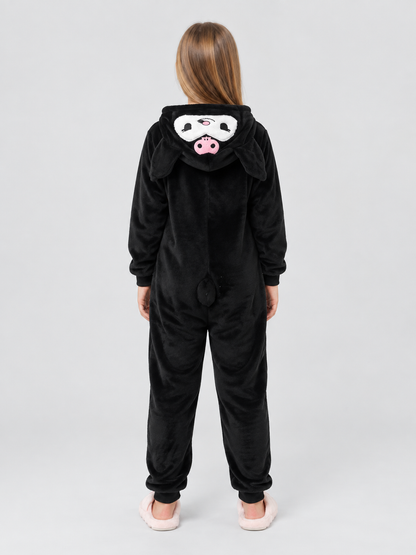 Flannel Hooded Pajama Jumpsuit with Appliqué
