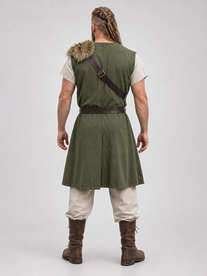Sleeveless cotton and linen tunic with fur trim
