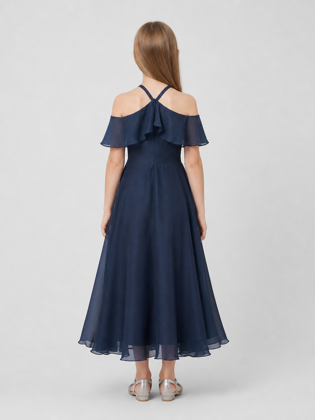 Girls' Long Chiffon Dressy Dress with Bow back view