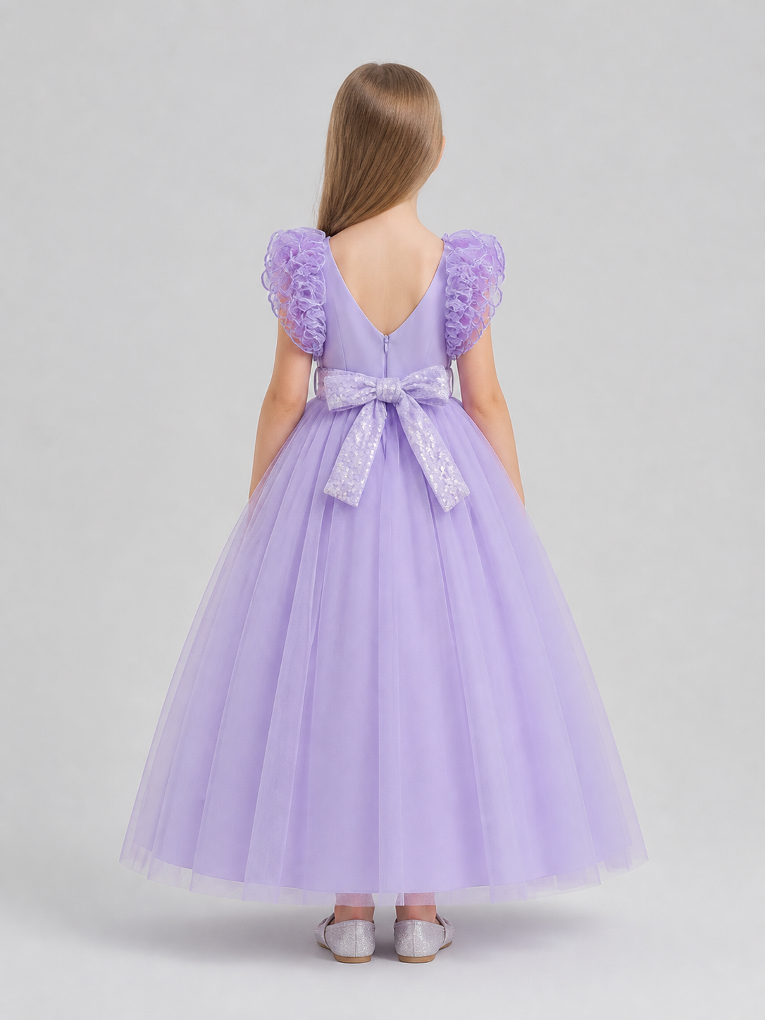 Floor-Length Tulle Dress with Layered Skirt for Weddings back view