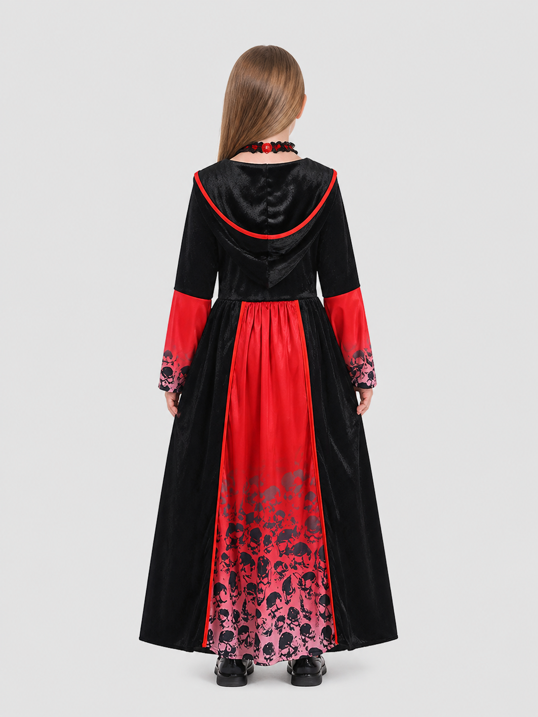 Red and Black Vampire Dress with Skulls and Hood back view
