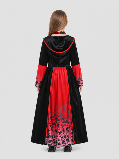 Red and Black Vampire Dress with Skulls and Hood back view