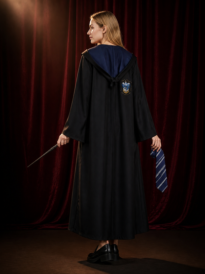 Wizard Hooded Robe Costume Set With Tie And Wand, Black Cosplay Halloween Outfit back view