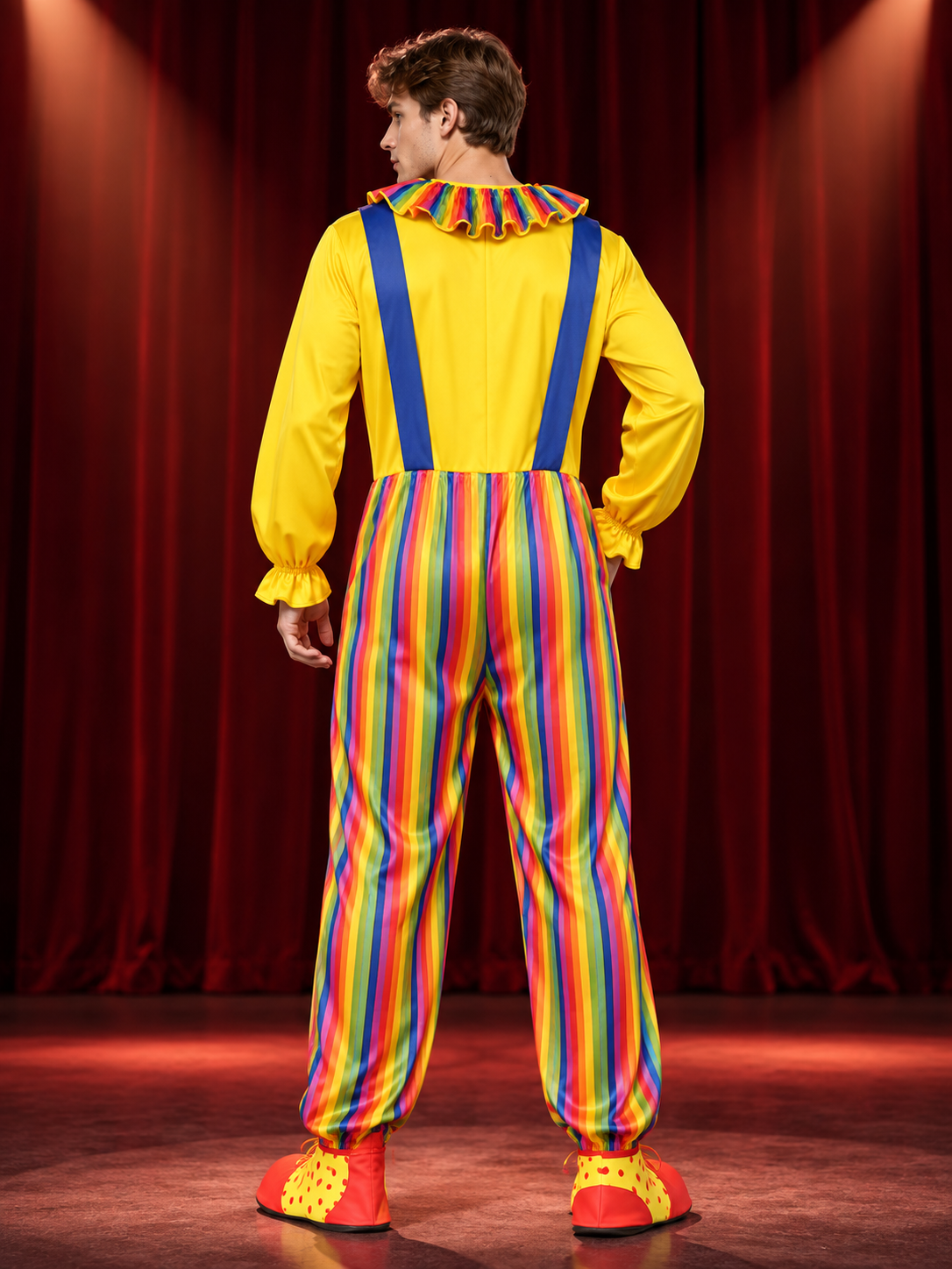 Adult Clown Costume Yellow with Blue Suspenders