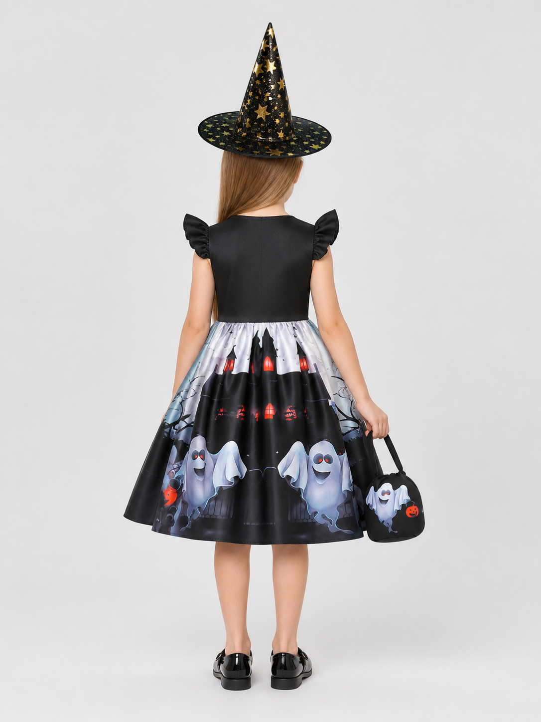 Children’s Halloween Costume: Dress, Hat, and Bag back view