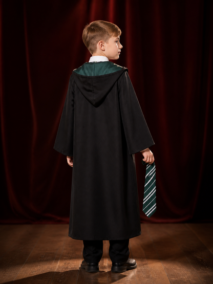 Deep Green Wizard Robe Costume Set, Hooded Button-Front Robe with Striped Tie back view