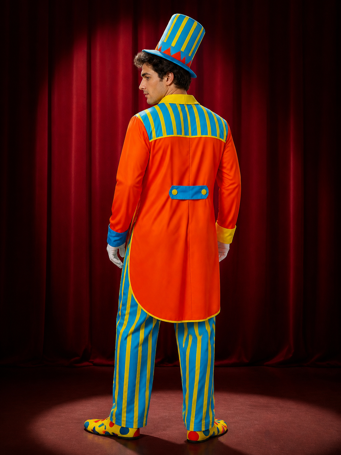 Unisex Adult Clown Jumpsuit Costume with Hat and Robe, Circus Halloween Outfit back view