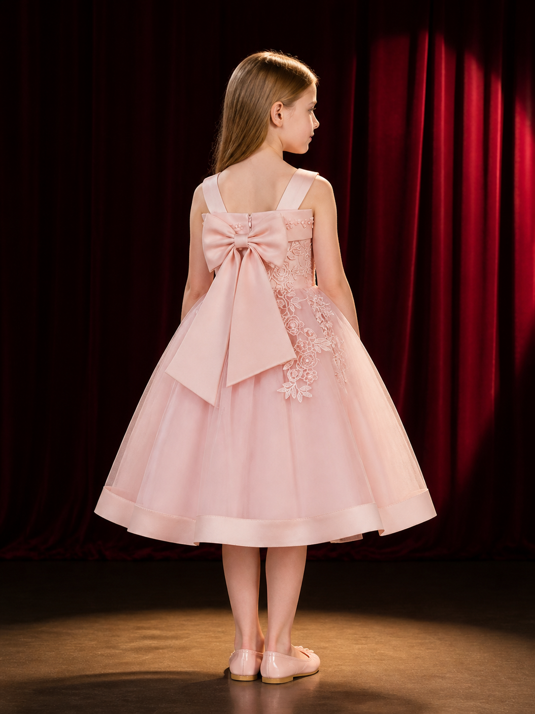 Girls' Princess Party Dress, Layered Tulle Skirt with Bow and Lace Embroidery back view