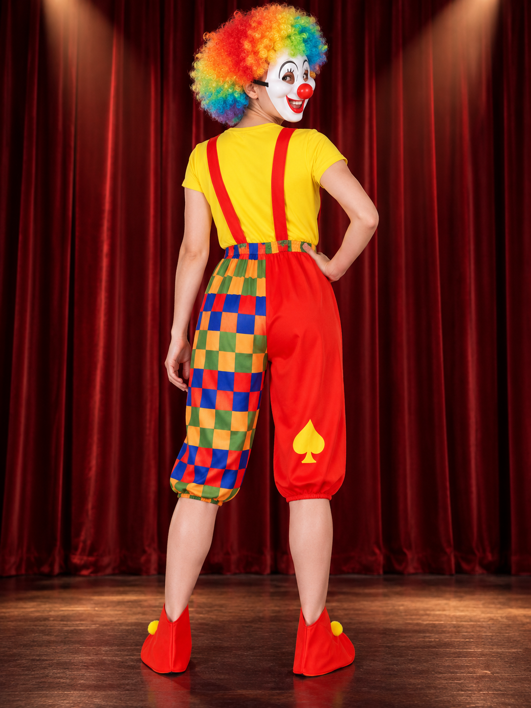 Adult Clown Costume, Yellow T-Shirt, Wig, Mask