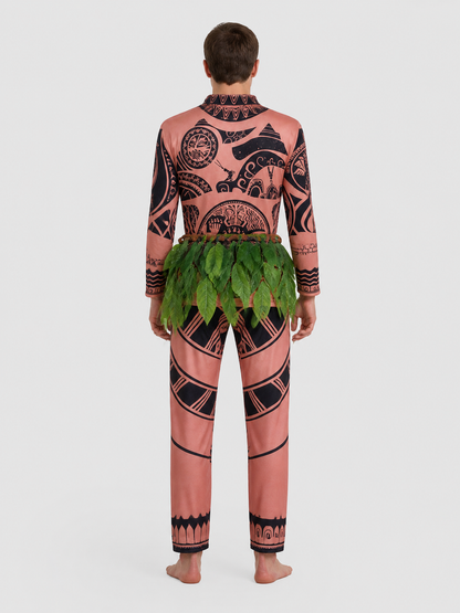 Maui Cosplay Costume: Long-Sleeve Shirt, Pants, and Grass Skirt back view