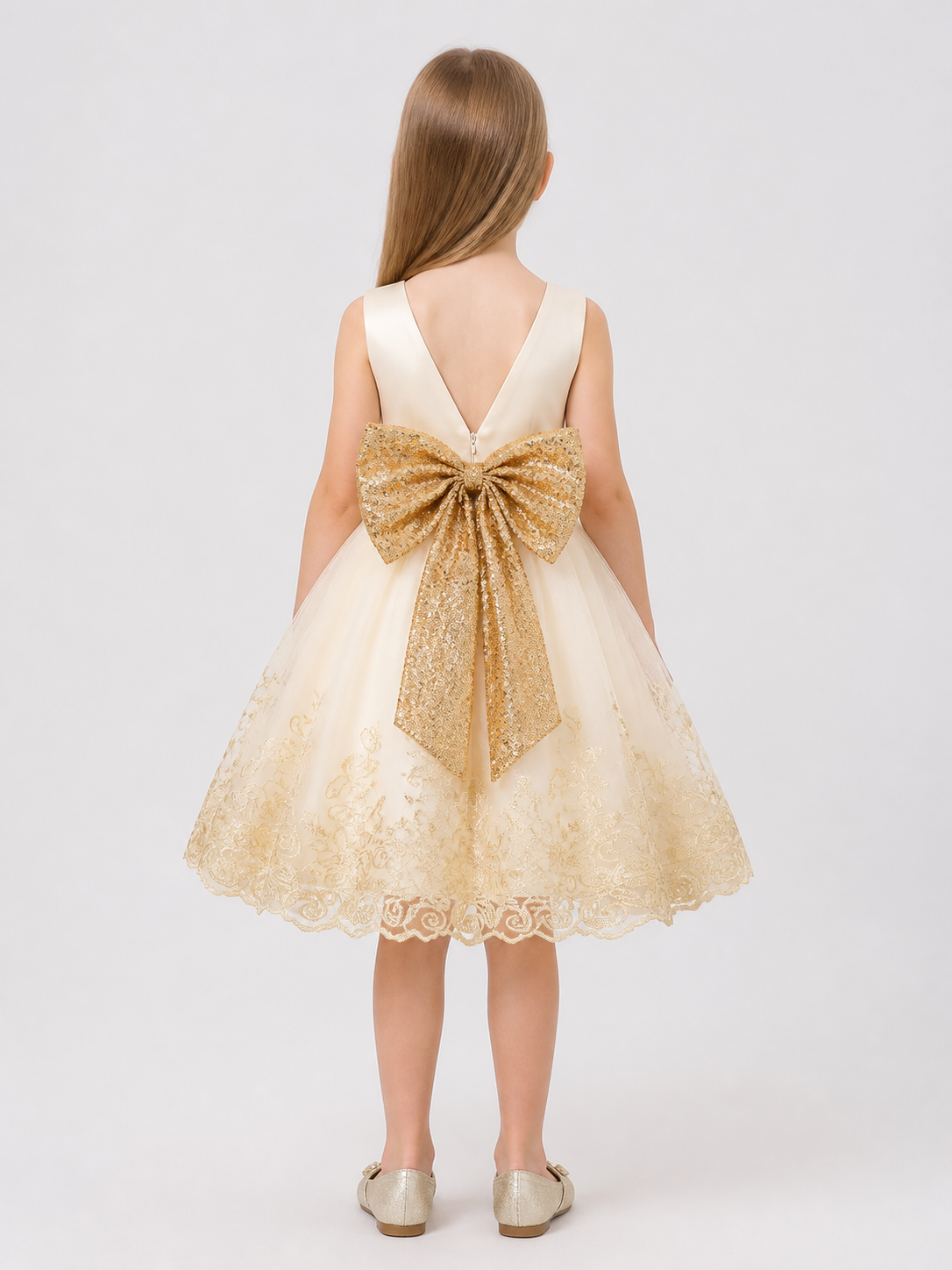 Girls' Party Tutu Dress with Gold Bow back view