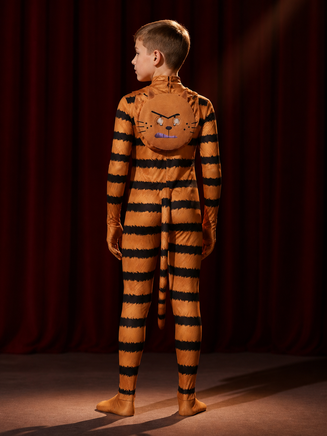 Kids Pet Cat Costume, Orange Black Striped Jumpsuit with Mask, Halloween Cosplay back view