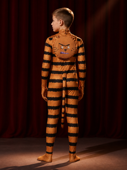 Kids Pet Cat Costume, Orange Black Striped Jumpsuit with Mask, Halloween Cosplay back view
