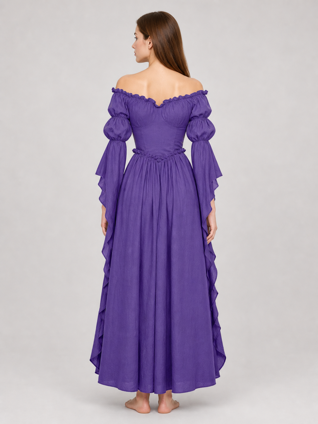 Purple off-the-shoulder dress in a historical style