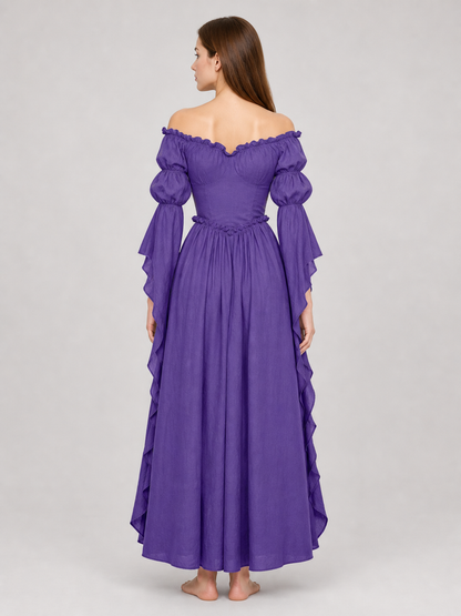 Purple off-the-shoulder dress in a historical style