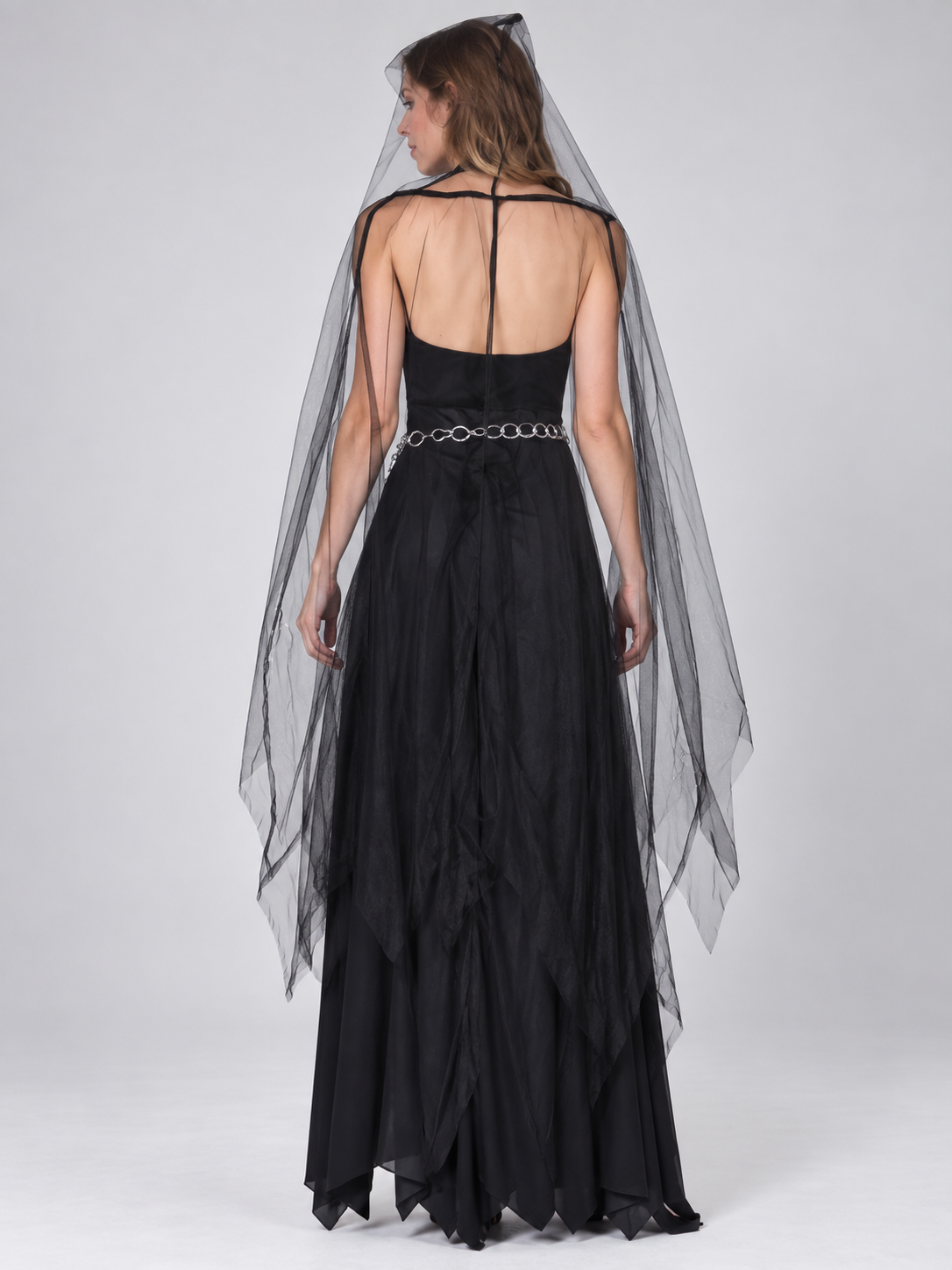 Long Black Carnival Dress with Cape and Chain
