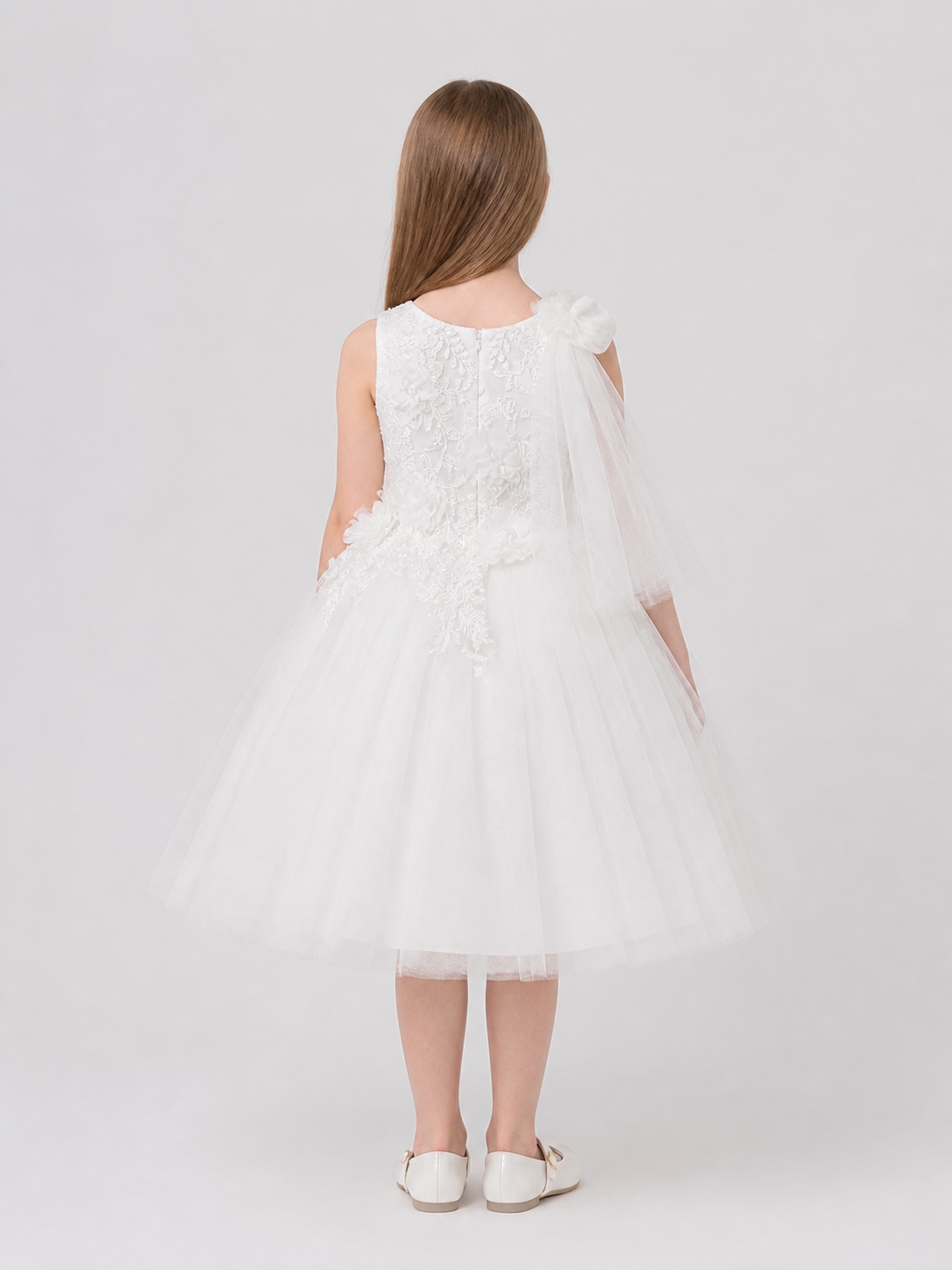 White Full Dress with Lace Embroidery and Flowers back view