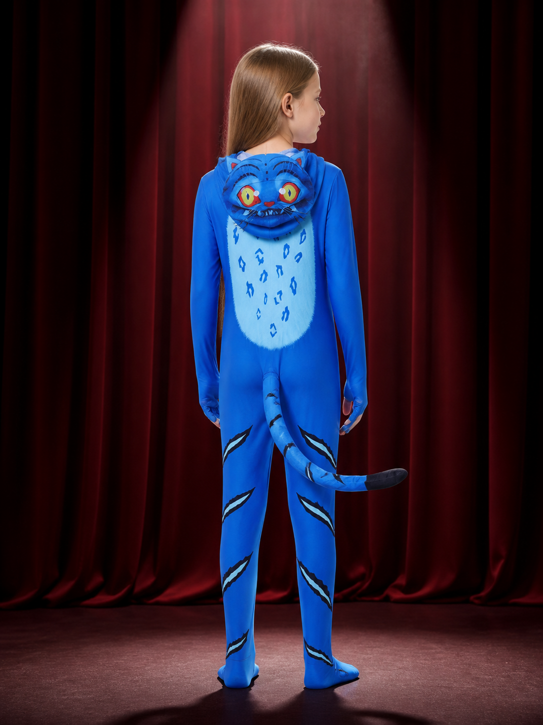 Blue and Black Tiger Costume Bodysuit with Headpiece, Full Body Animal Onesie back view