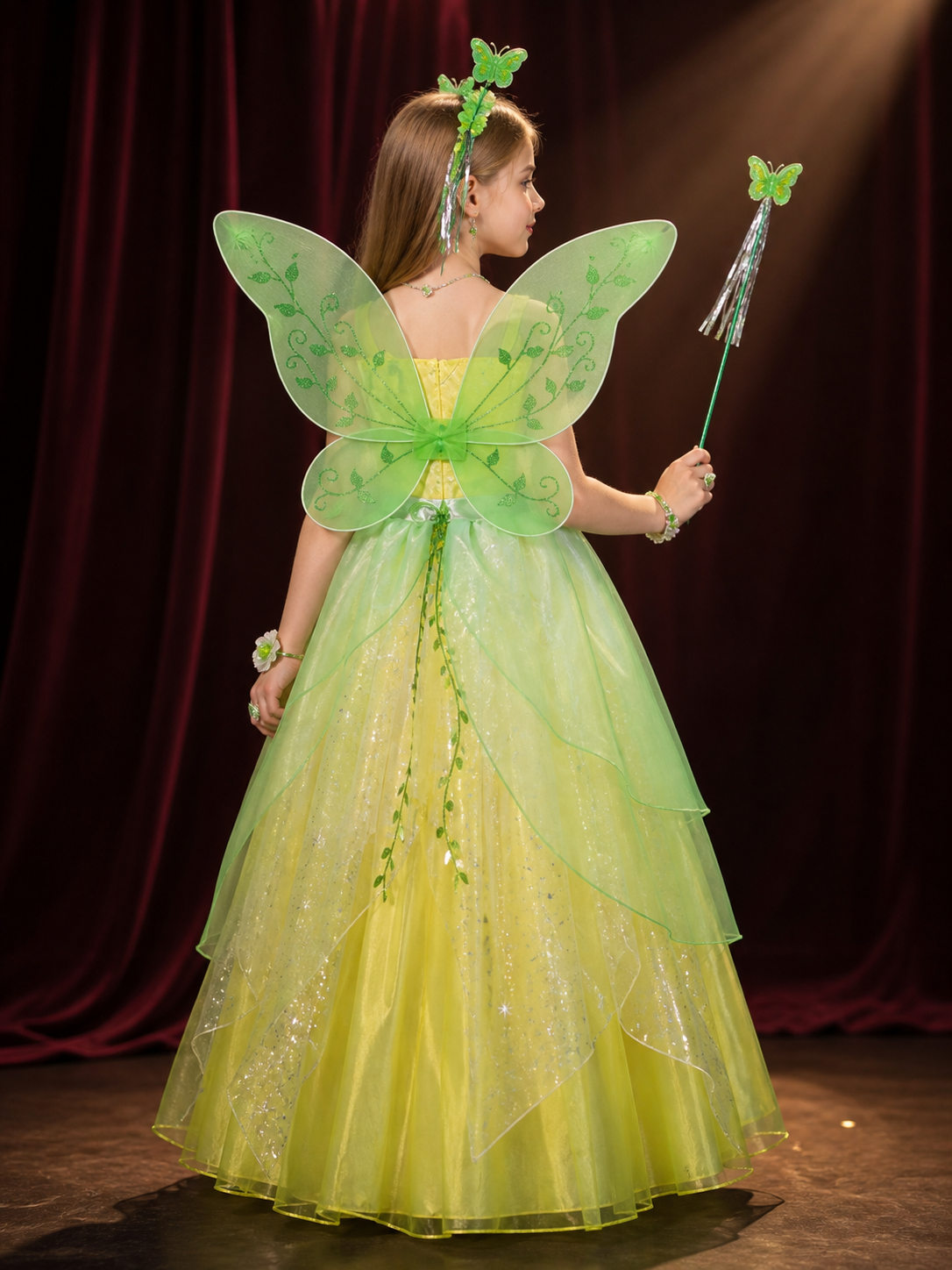 Girls Tinker Bell Princess Costume Set with Wings, Wand & Accessories, Green back view