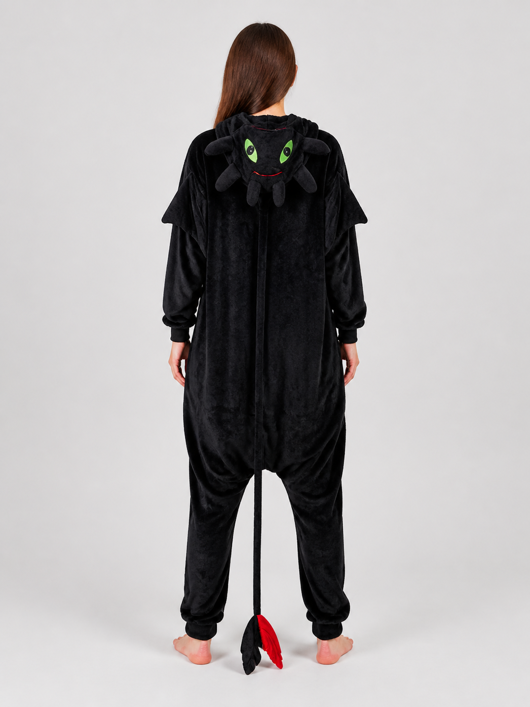 Black Flannel Kigurumi Pajama Jumpsuit with Hood back view