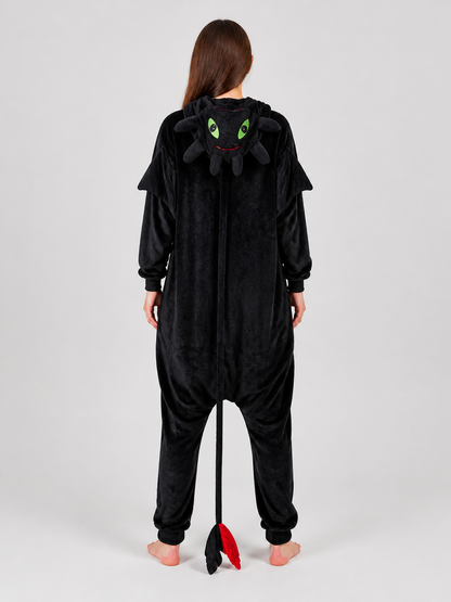Black Flannel Kigurumi Pajama Jumpsuit with Hood back view