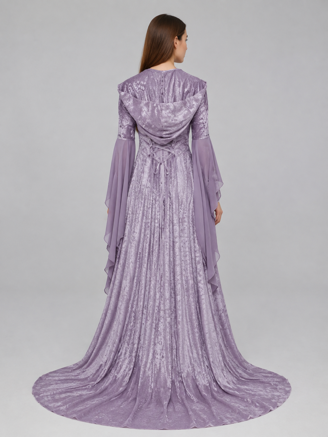 Lilac Medieval Hooded Dress with a Train back view